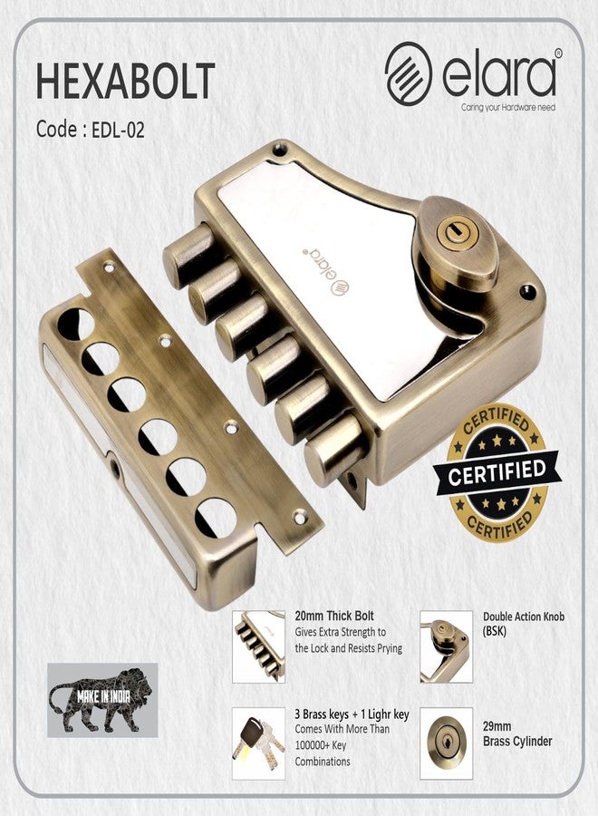 إلارا قفل باب Elara Deadbolt Hexabolt 2CK للباب الرئيسي، قفل مزلاج، قفل باب داخلي الفتح مع 4 مفاتيح نحاسية قابلة للعكس (عتيق، EDL-02، Hexabolt، مفتاح فائق) - Image 5